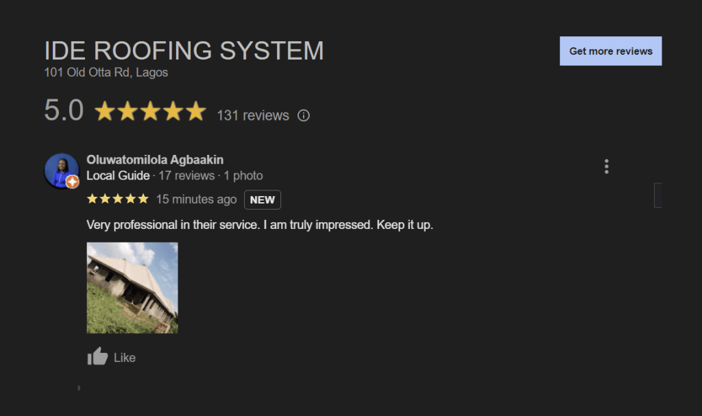 5-Star review for Ide Roofing System